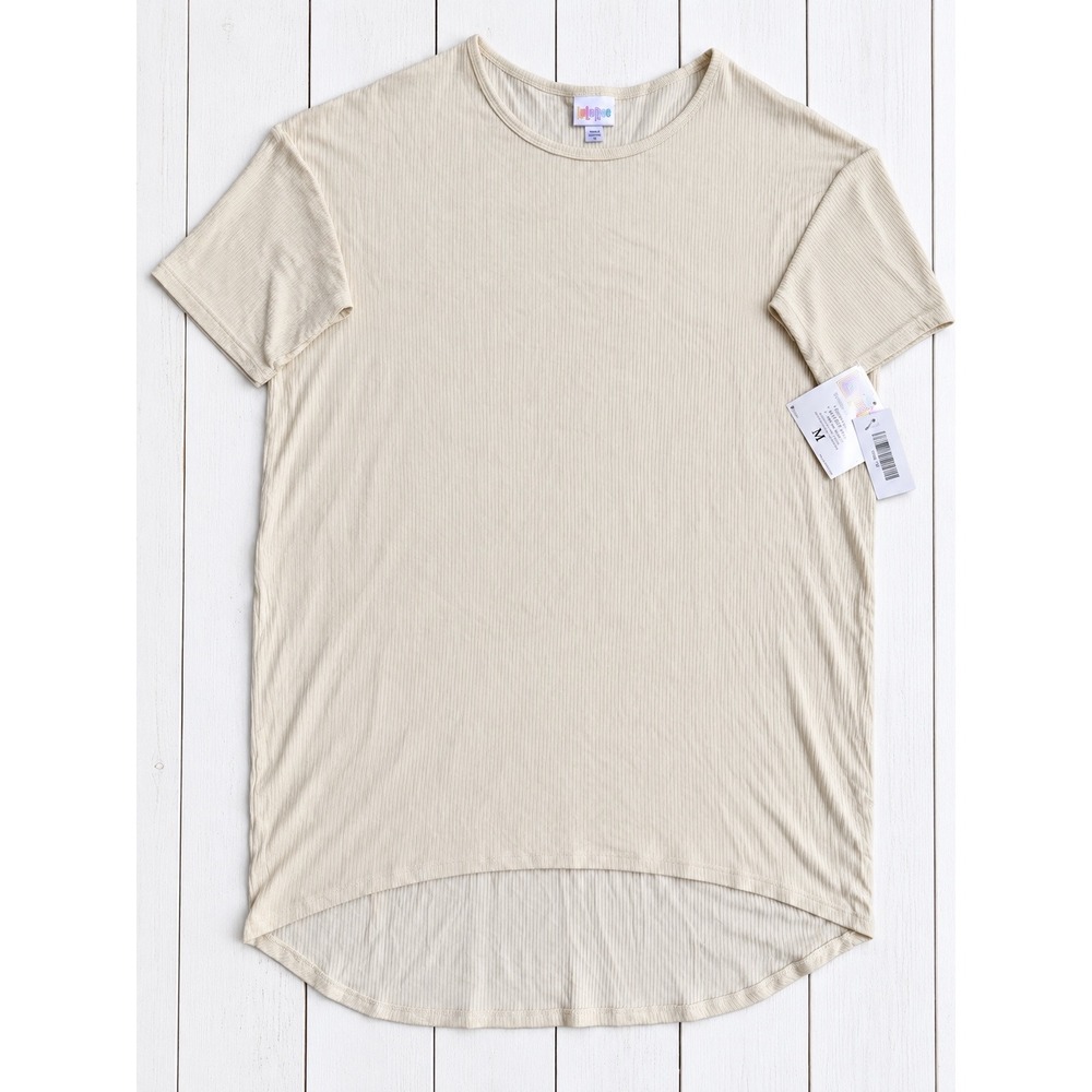 LuLaRoe Irma Tunic Top Ribbed Short Sleeve High Low Hem Beige Cream Medium